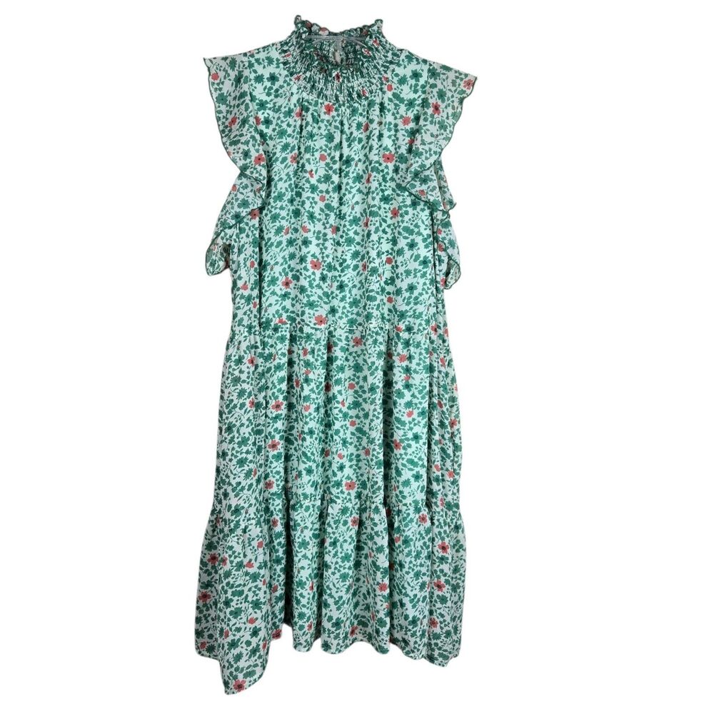 Melloday Dress Floral L Chiffon Green Orange High Neck Tiered Flutter Sleeve